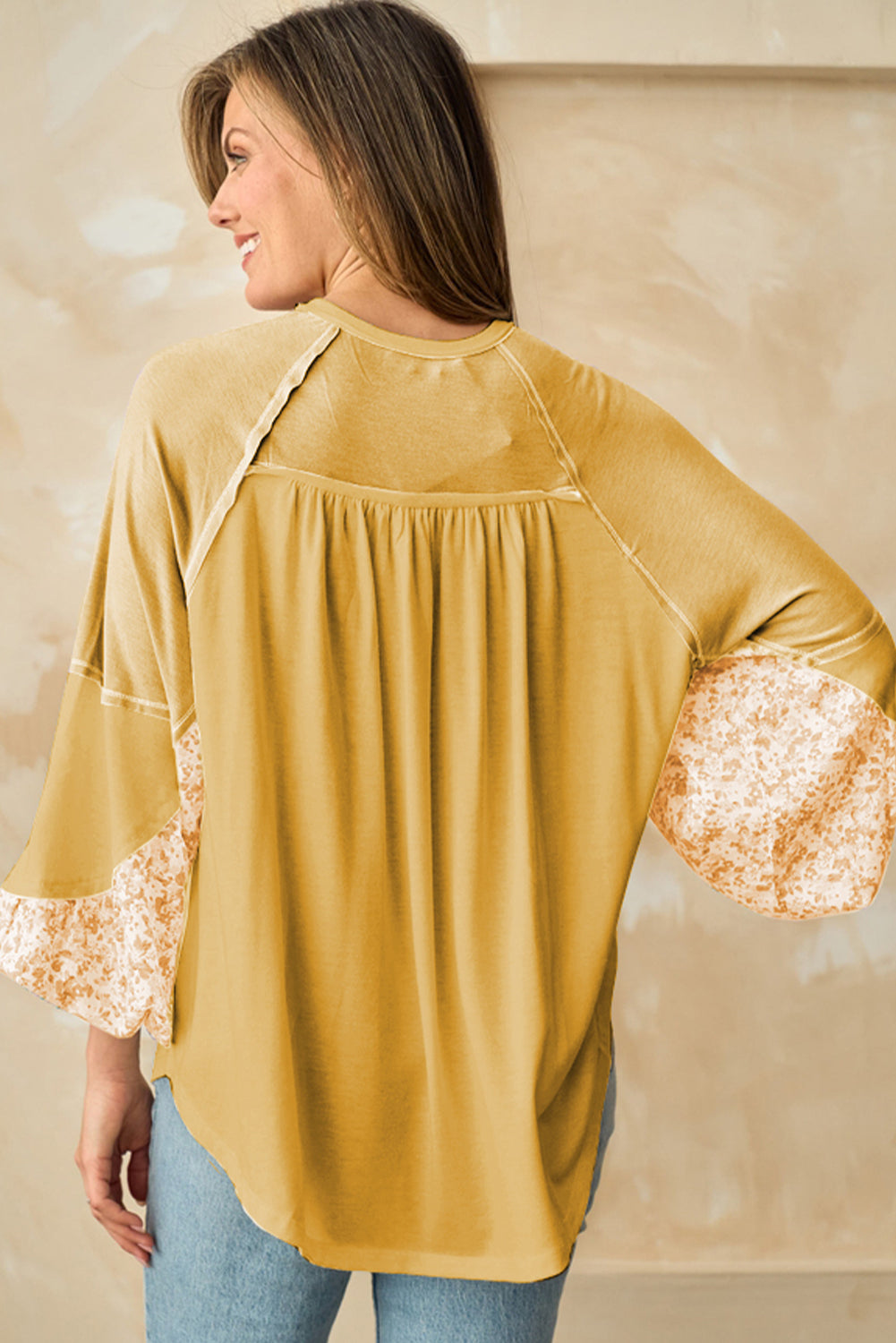 Floral Print Beige Colorblock Balloon Sleeve Top with Exposed Seams