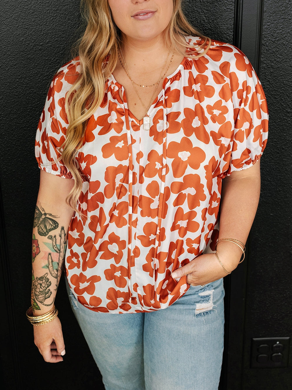 Orange Floral Print Plus Size V Neck Short Sleeve Blouse with Drawstring
