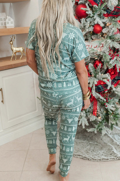 Green Christmas Fashion V Neck Tee Drawstring Pants 2pcs Lounge Set