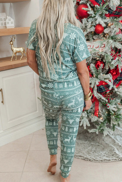Green Snowflake/Santa Claus/ Xmas Fashion/ Print V Neck Tee Drawstring Pants 2pcs Lounge Set