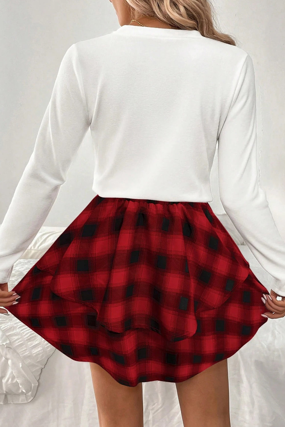 Red Long Sleeve Tee Plaid Bow Decor Ruffle Mini Skirt 2pcs Set