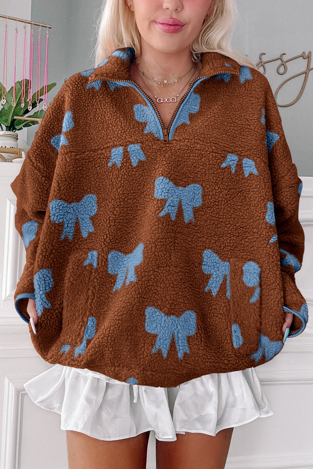 Brown Bow Sherpa Quarter Zip Drop Shoulder Baggy Sweatshirt