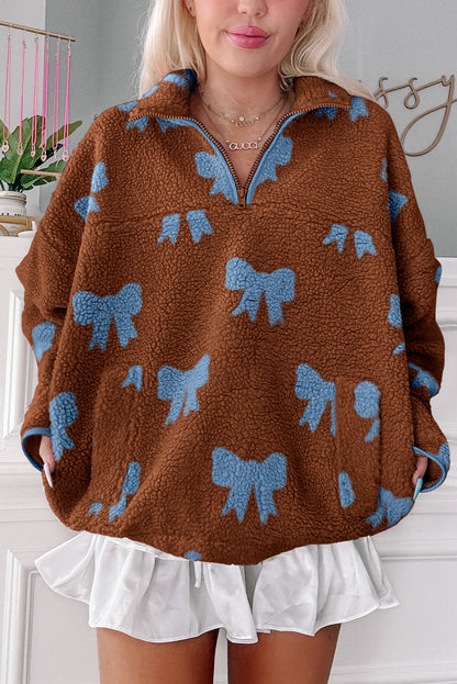 Brown Bow Sherpa Quarter Zip Drop Shoulder Baggy Sweatshirt