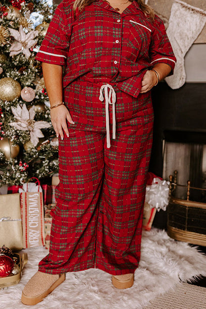 Red Plus Size Plaid Short Sleeve Shirt Loose Pants 2pcs Pajama Set