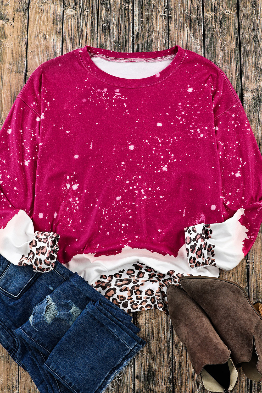 Flaming Red Leopard Print Bleached Pullover Sweater