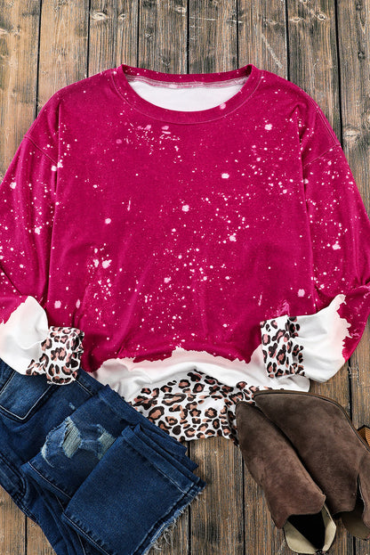 Flaming Red Leopard Print Bleached Pullover Sweater