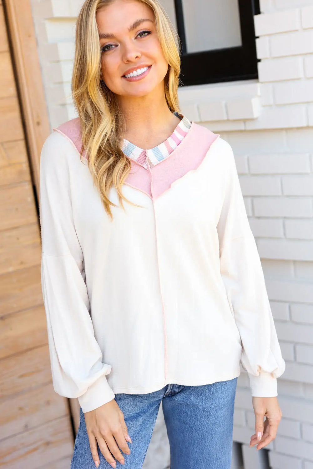 White Exposed Seam Rainbow Stripe Color Block V Neck Loose Long Sleeve Top