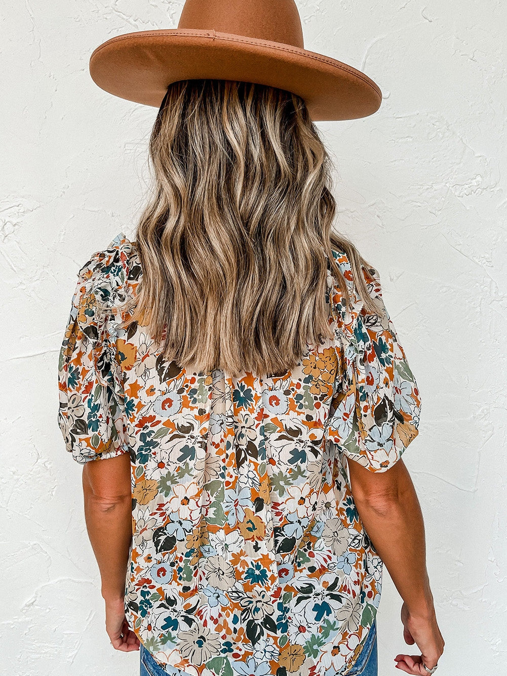 Floral Print Split V Neck Puff Sleeve Blouse