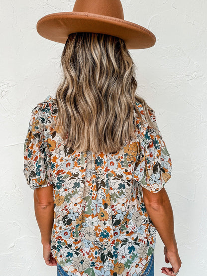 Floral Print Split V Neck Puff Sleeve Blouse