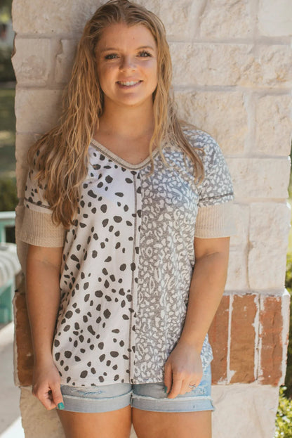 Leopard Print Colorblock V Neck Khaki Plus Size Tunic