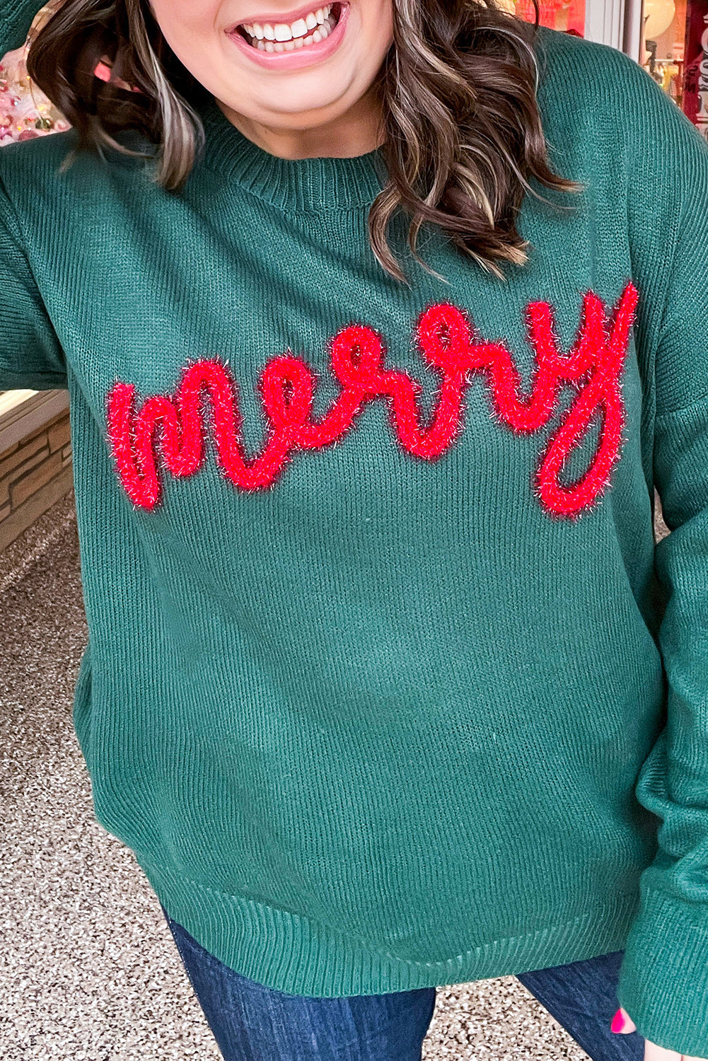 Evergreen merry Tinsel Letter Graphic Plus Size Sweater