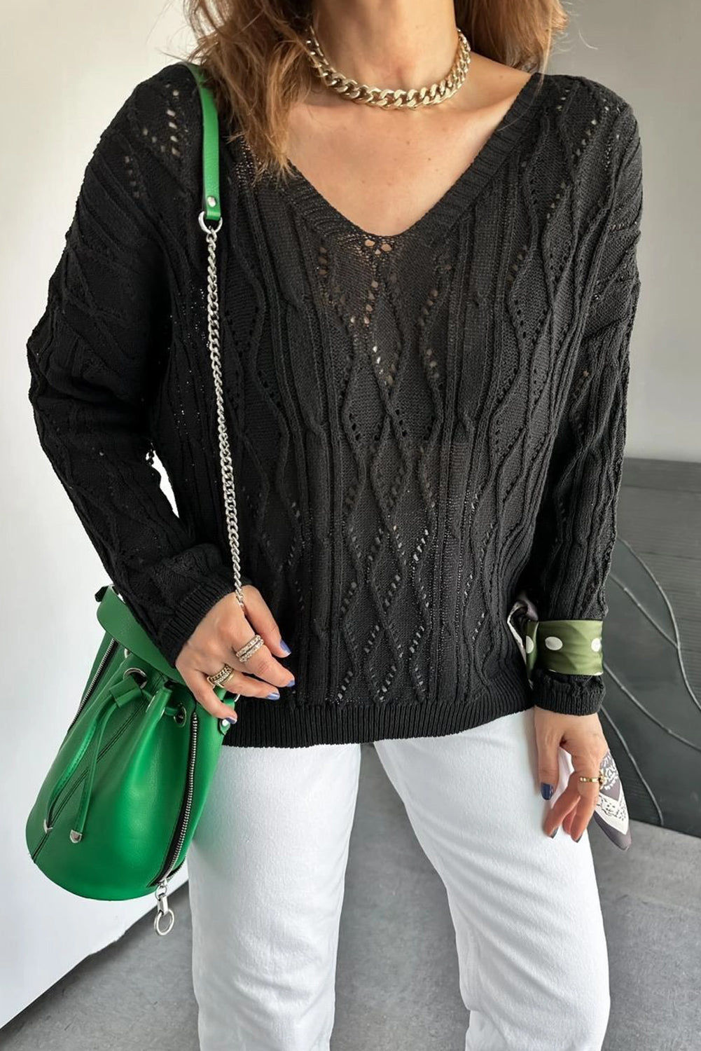 Black Geometric Textured Crisscross Lace up Knit V Neck Sweater