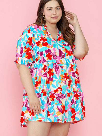 Multicolour Floral Tiered V Neck Plus Dress
