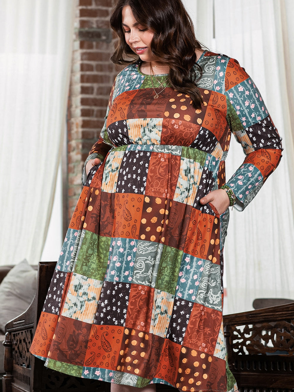 Green Printed Multicolor Western Checkered Plus Size Swing Dress