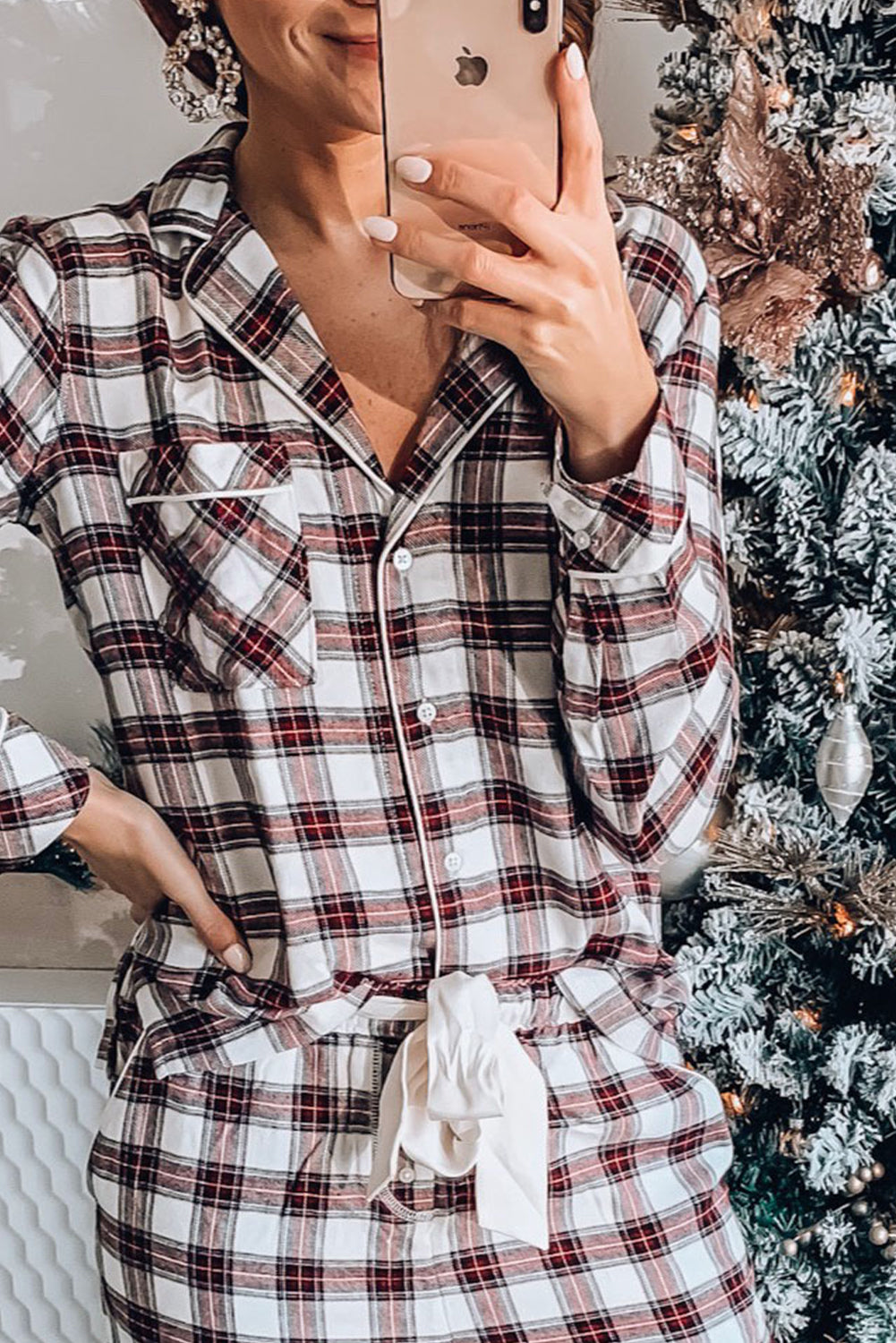 Black Christmas Fashion Plaid Long Sleeve Shirt Contrast Drawstring Pants Set