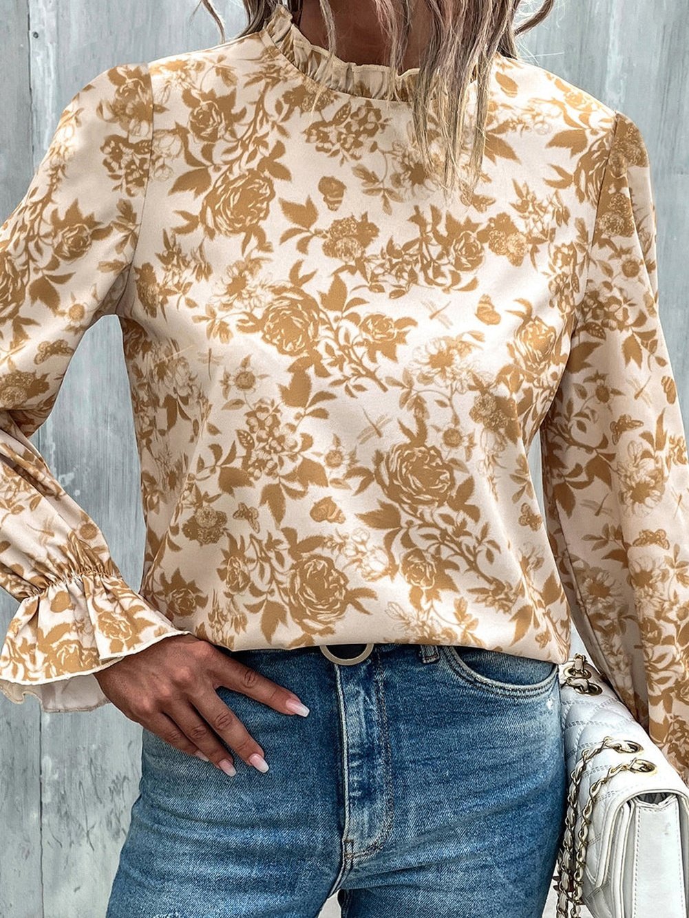 Elegant White Floral Print Ruffle Trim Shift Blouse