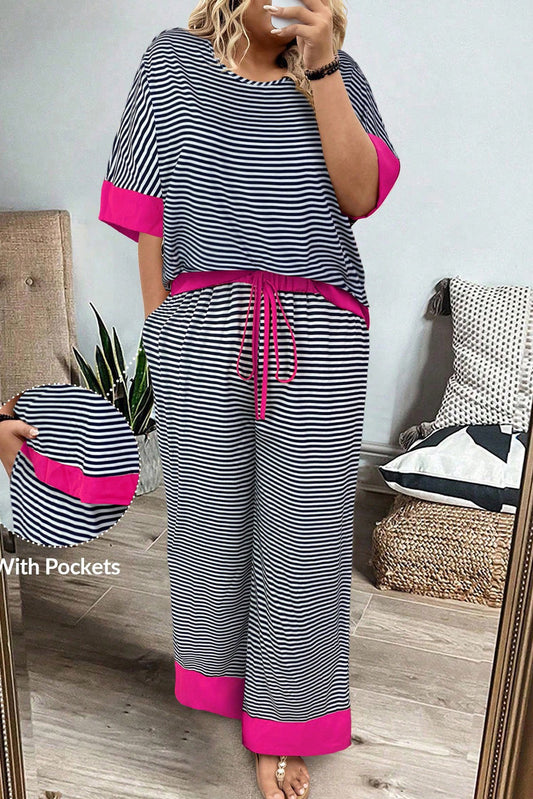 Black Stripe Contrast Color Block Patchwork Bracelet Sleeve Top Drawstring Pants Plus Size 2pcs Outfit