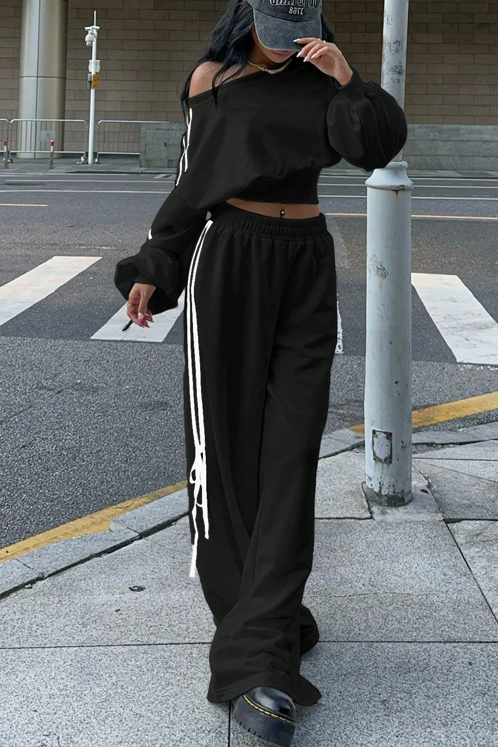 Black Varsity Striped Bow Knot Detail Cropped Top Elastic Waist Pull On Loose Pant Set