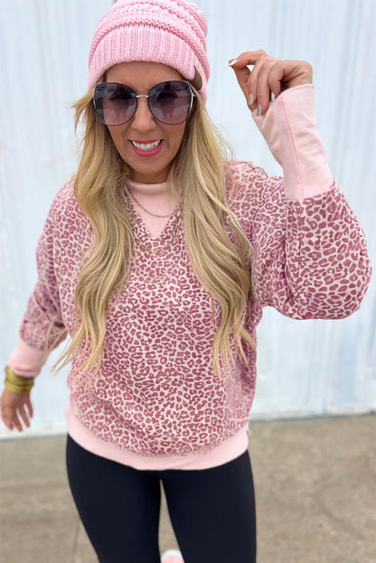 Pink Leopard Print Color Block Patchwork Drop Shoulder Sweatshirt