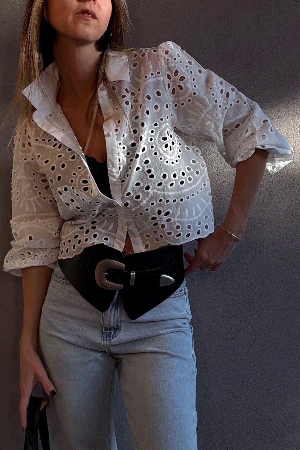White Eyelet Embroidered Puff Sleeve Crop Shirt