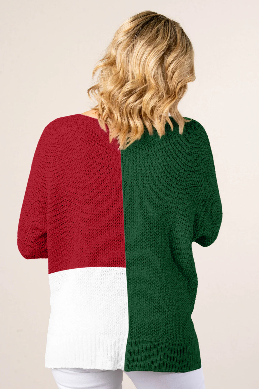 Evergreen Color Block Knit V Neck Loose Sweater