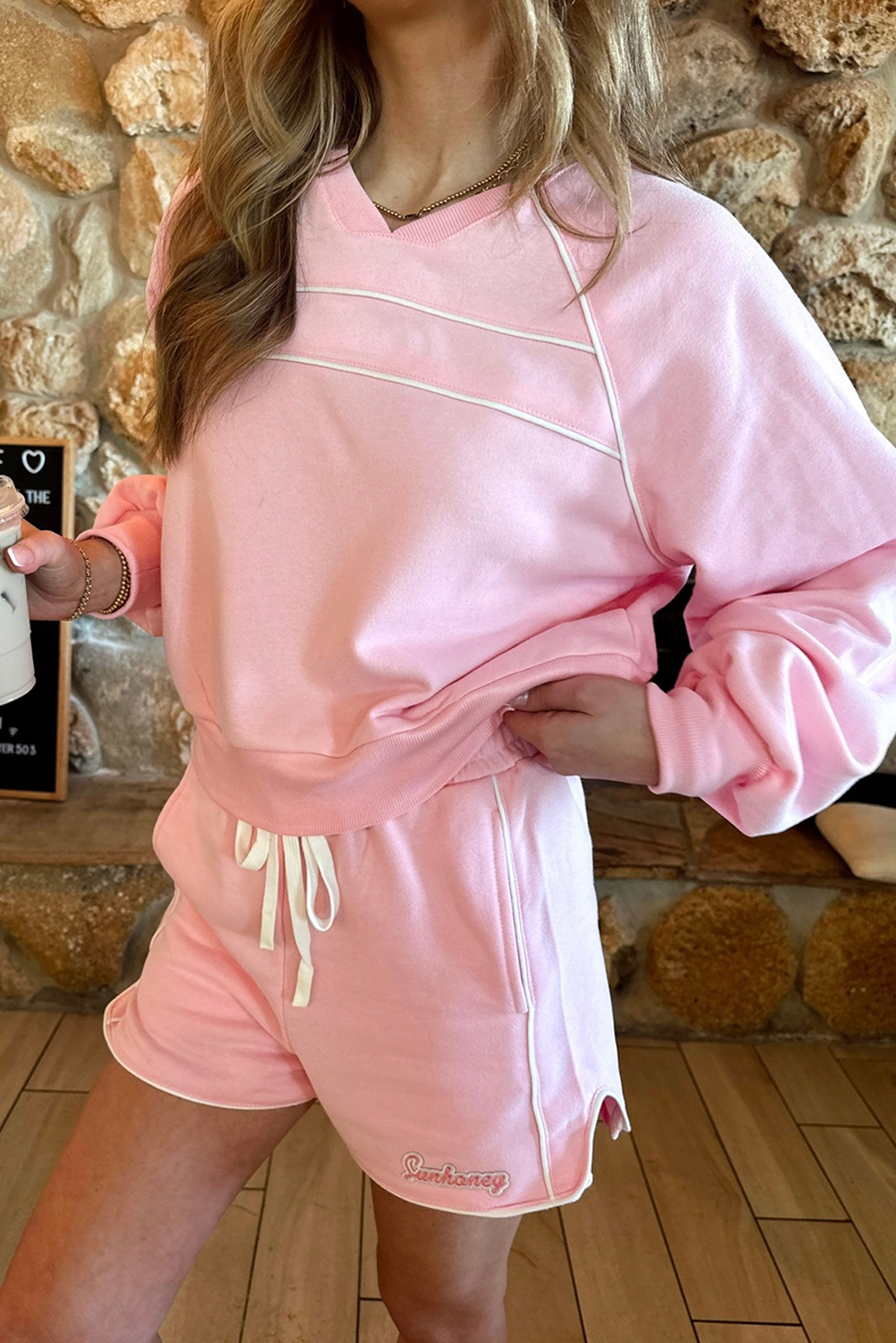 Light Pink Contrast Trim V Neck Pullover Top and Drawstring Shorts Set