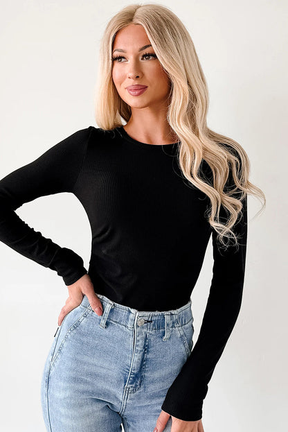 Black Ribbed Long Sleeve Crew Neck Solid Color Bodysuit