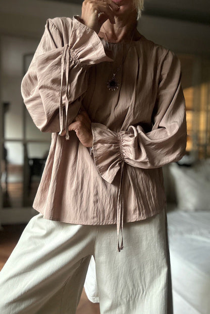 Smoke Gray Pleated Round Neck Flounce Long Sleeve Blouse