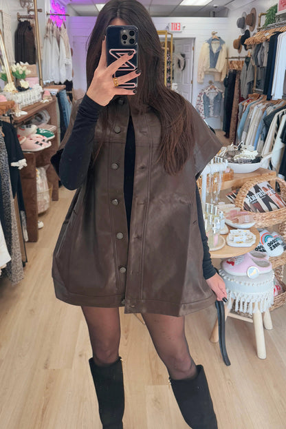 Chicory Coffee Faux Leather Short Sleeve Collared Button Front Jacket