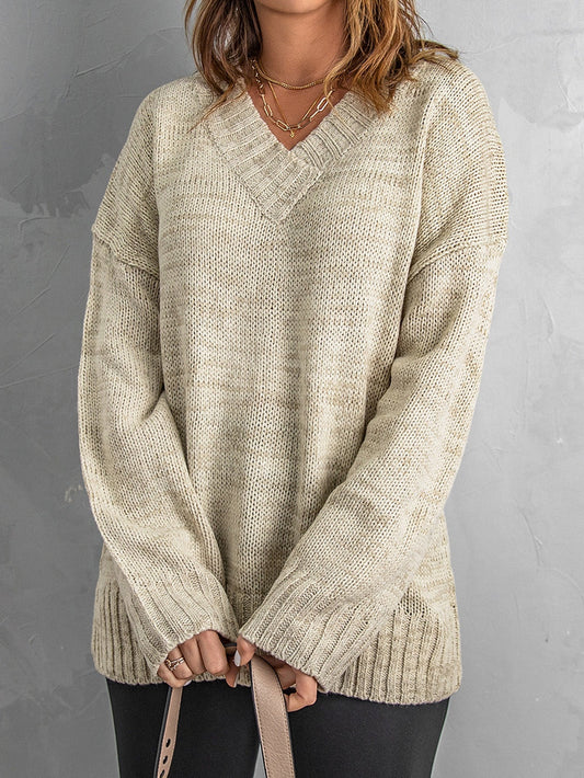 Khaki Drop Shoulder V-Neck Knit Pullover Sweater