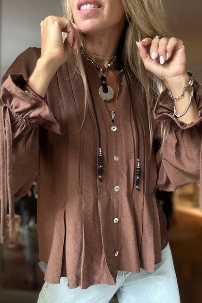 Coffee Pintuck Buttoned Front Decor Ruffled Sleeve Loose Blouse