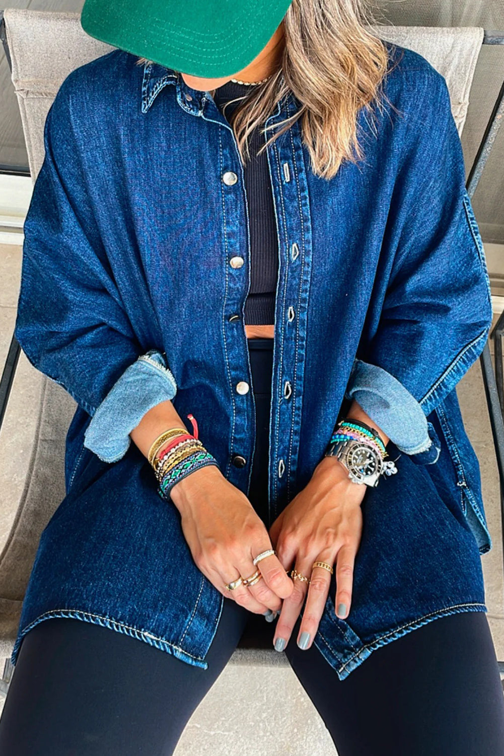 Sky Blue Contrast Panel Patchwork Button Down Boyfriend Style Denim Jacket