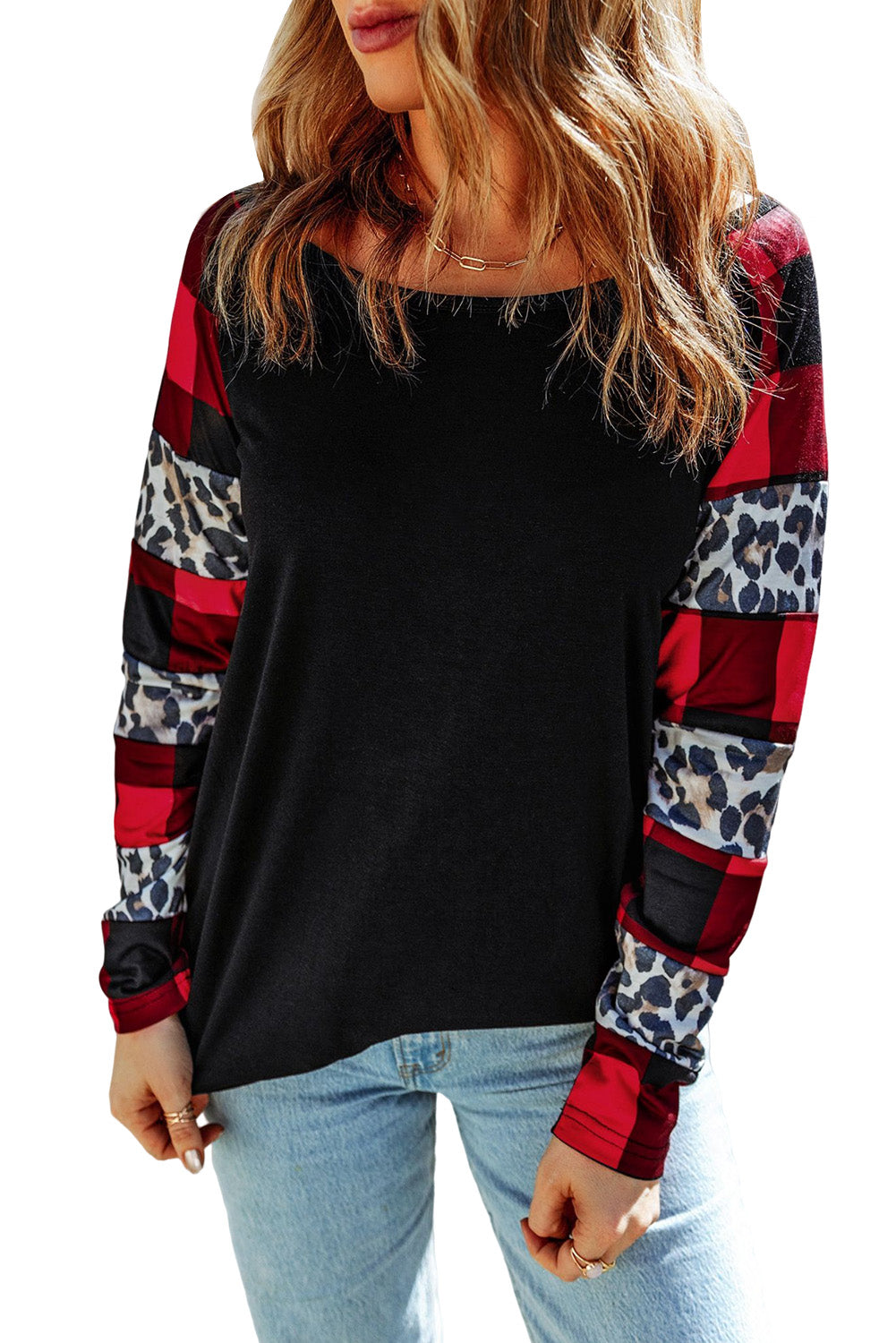 Elegant Black Off Shoulder Plaid & Leopard Long Sleeve Blouse
