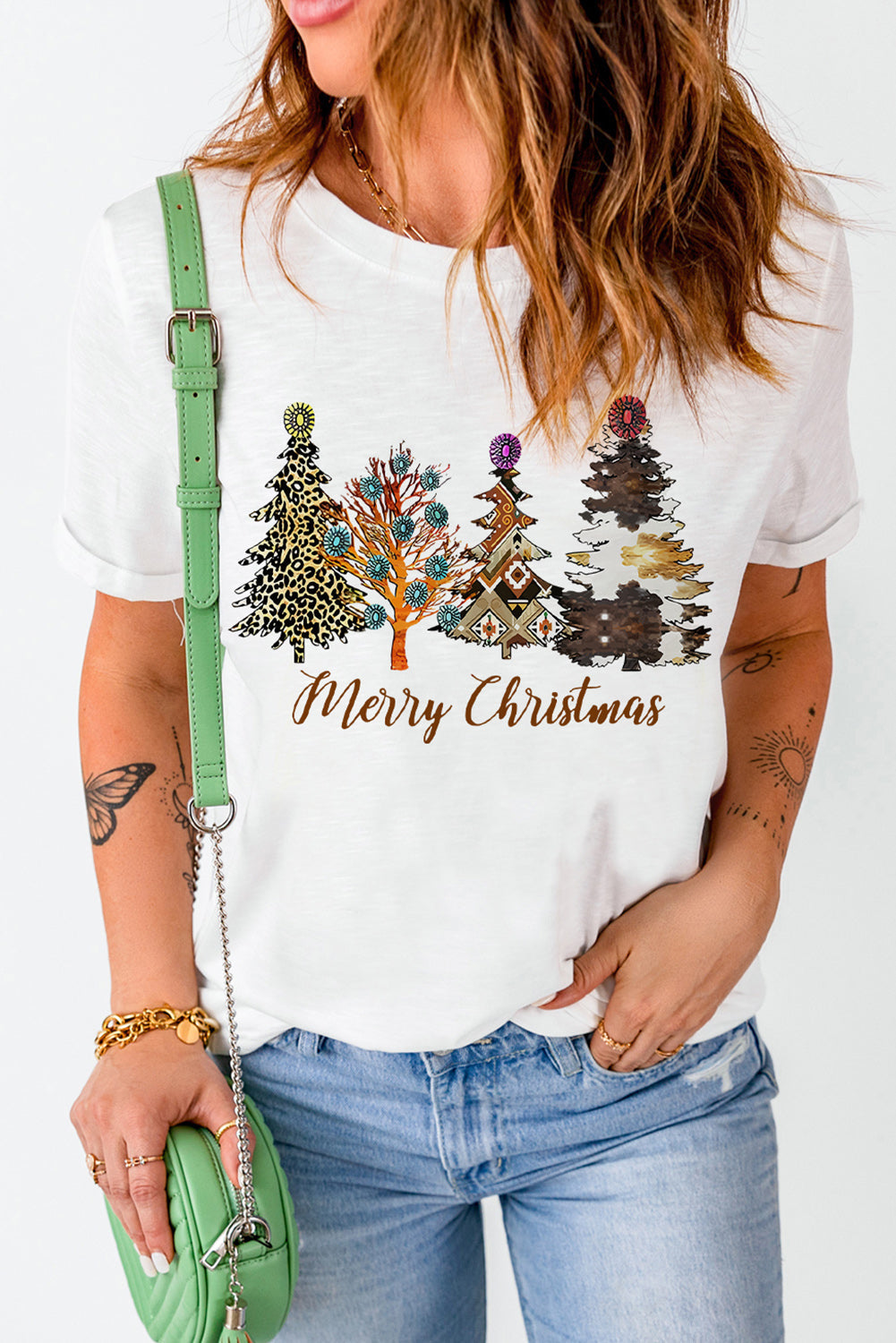 Festive White Western Tree Print Graphic T-shirt