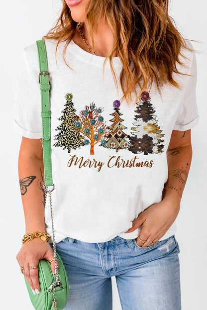 Festive White Western Tree Print Graphic T-shirt