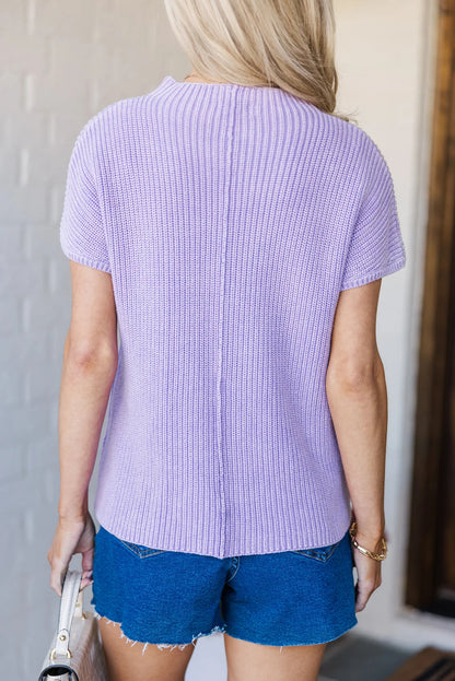 Lavendula Mineral Wash Ribbed Knit Patched Pocket Short Sleeve Loose Sweater