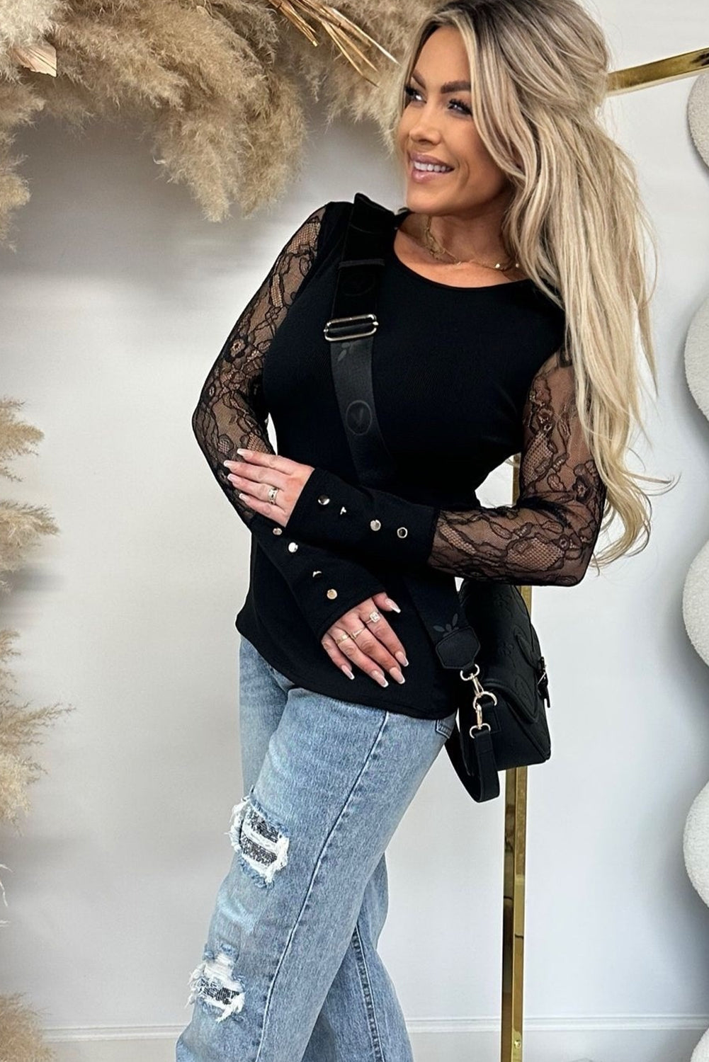 Black Round Neck Ribbed Knit Sheer Lace Patchwork Long Sleeve Top