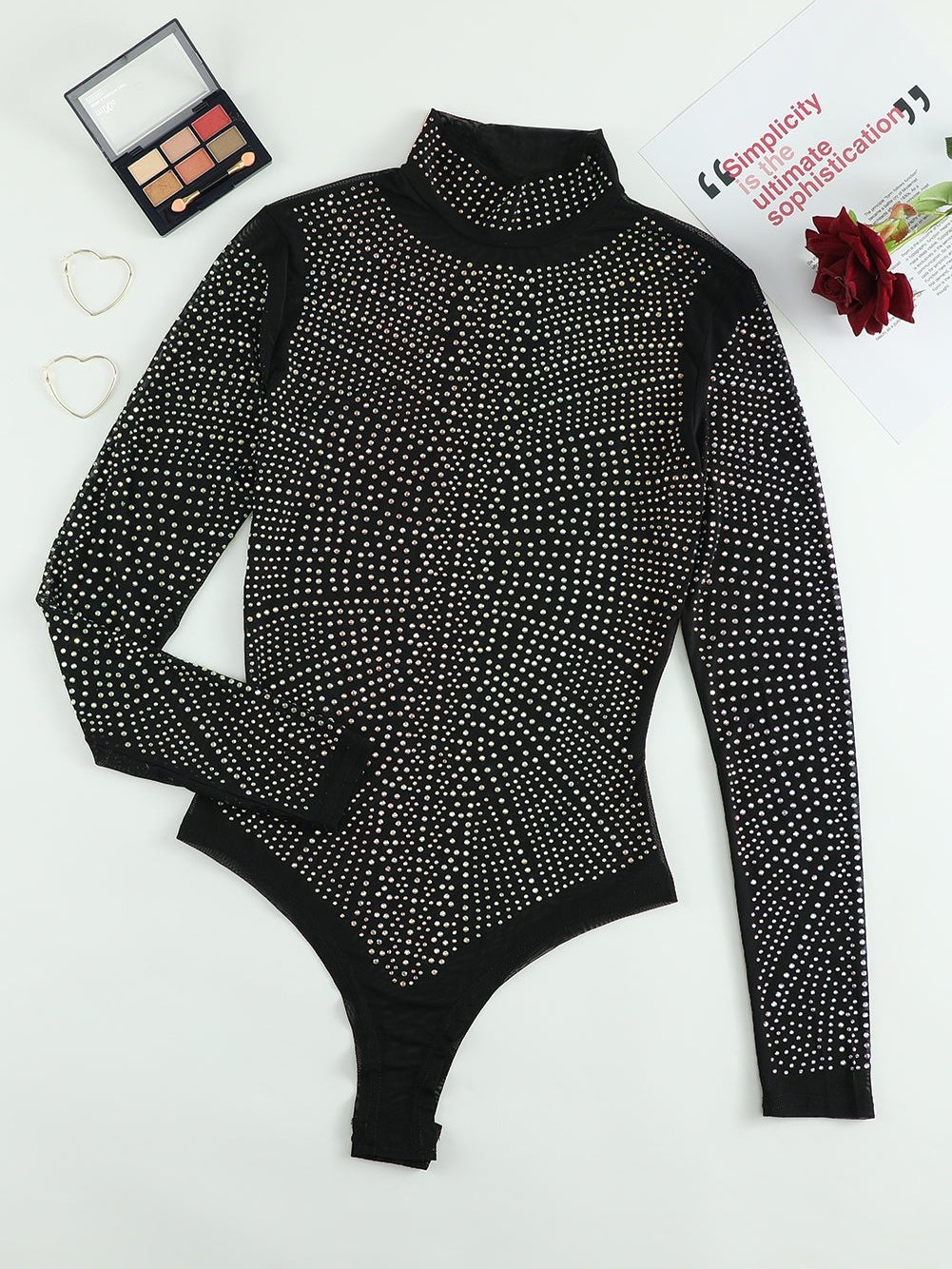 Iridescent Silver Rhinestone Embellished Black Mock Neck Bodysuit
