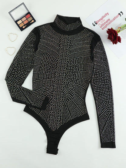 Iridescent Silver Rhinestone Embellished Black Mock Neck Bodysuit