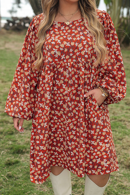 Elegant Gold Floral Square Neck Bubble Sleeve Plus Size Midi Dress