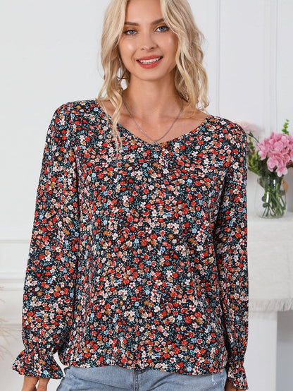 Flame Red Lace Patch V-Neck Tie-Up Puff Sleeve Floral Top