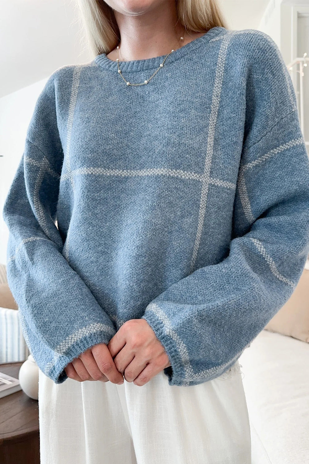 Dusk Blue Classic Plaid Drop Shoulder Loose Sweater