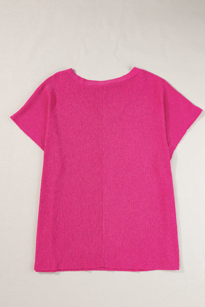 Bubble Hem Bright Pink V Neck Plus Size Top