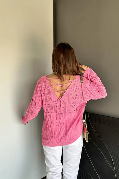 Sachet Pink Geometric Textured Crisscross Lace up Knit V Neck Sweater