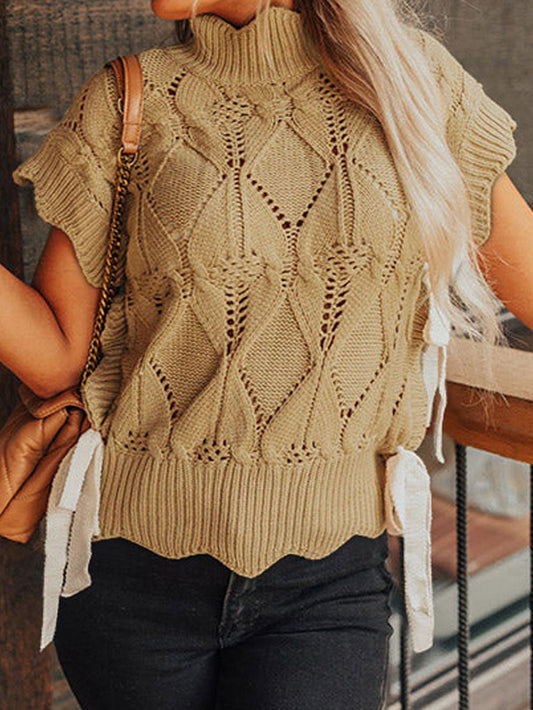 French Beige Scalloped Knit High Neck Sweater with Bow Accents