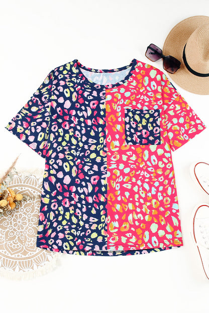 Leopard Patchwork Crew Neck Plus Size Tee