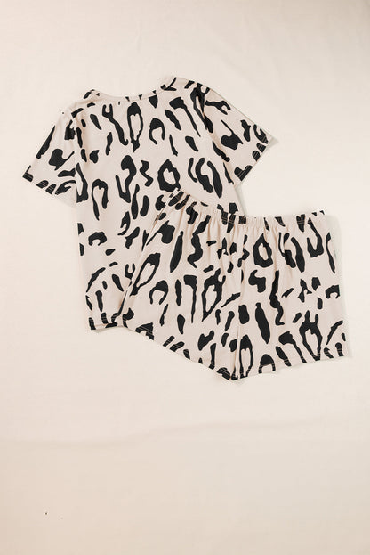 Taupe Leopard Print Plus Size Lounge Set with Tee and Shorts