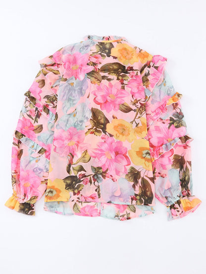 Floral Delight Pink Ruffle Tiered Puff Sleeve Blouse