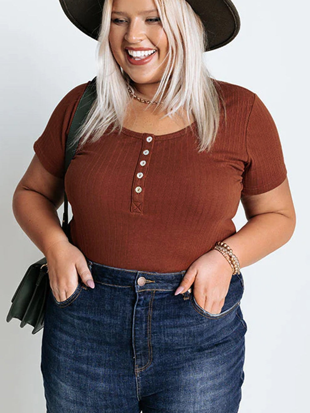 Chestnut Plus Size Ribbed Knit Henley Tee