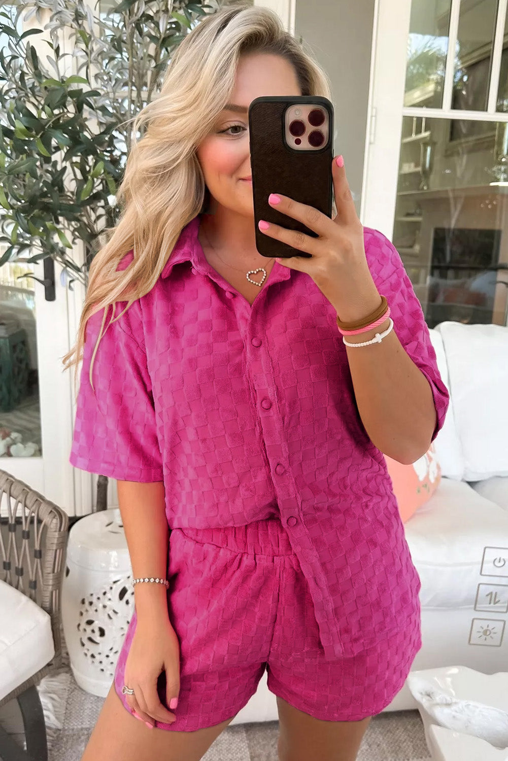 Peach Blossom Checkered Terry Knit Plus Size 2-Piece Shorts Set